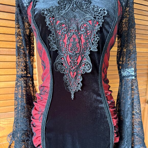 Gothic Victorian Vampire Bloody Garden of Delight Black & Red Lace Velvet Gown - Picture 5 of 15